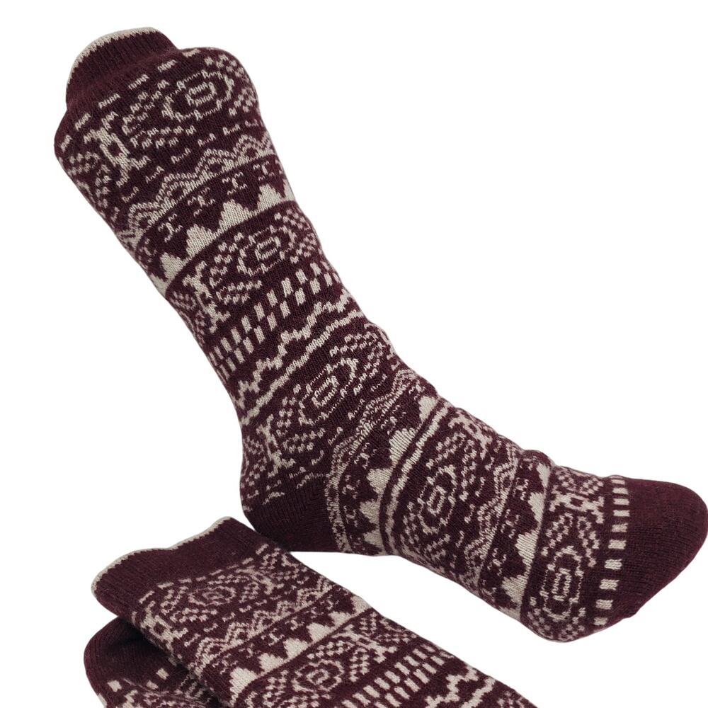 Garnet Hill Fair Isle Socks 9-11 Warm Wool Cashmere Blend Soft Crew Maroon Cream